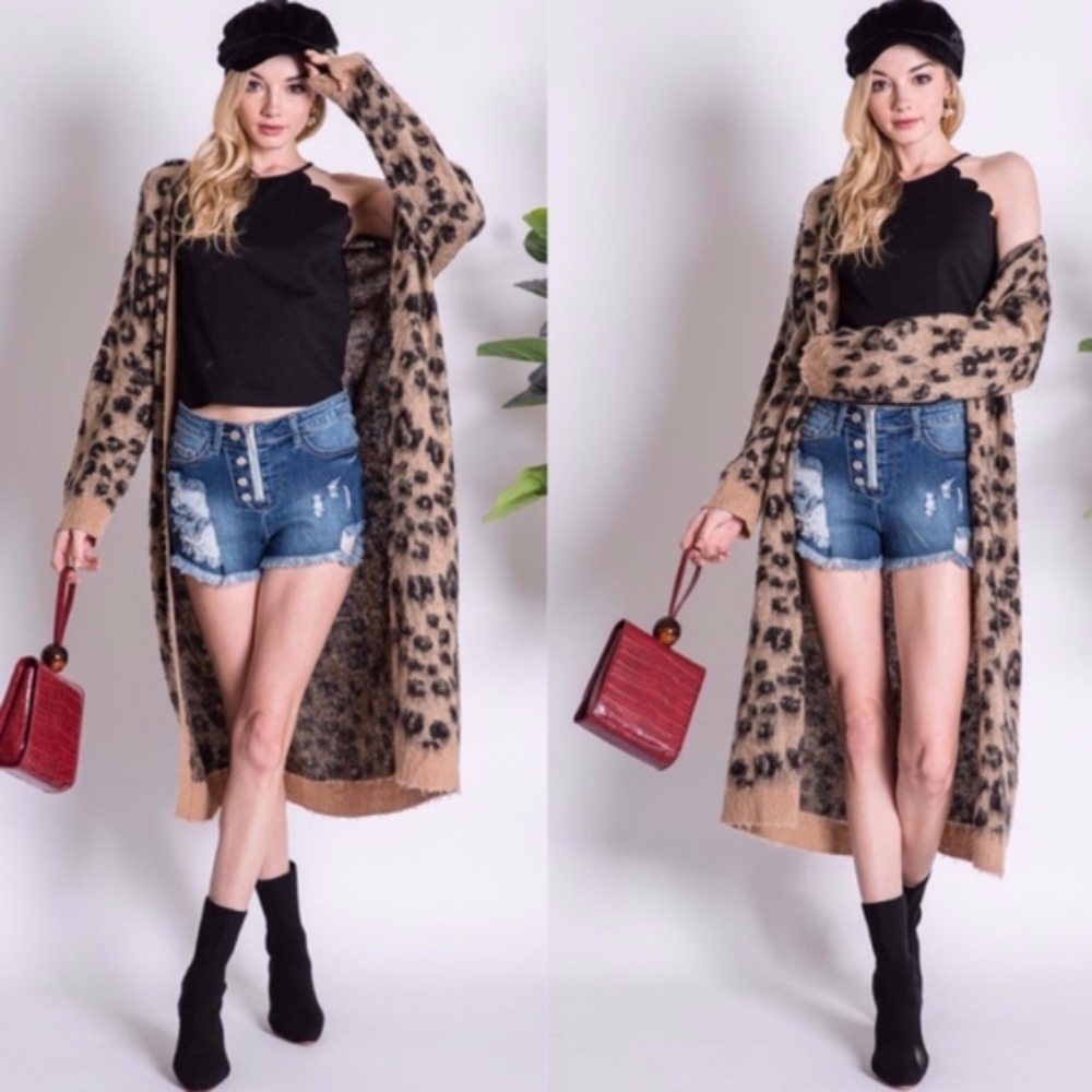 Leopard Print Fuzzy open front tan long Cardigan